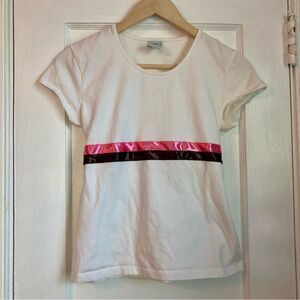 Vintage Y2K Old Navy White T-Shirt with Pink and Brown Satin Ribbon Tie
